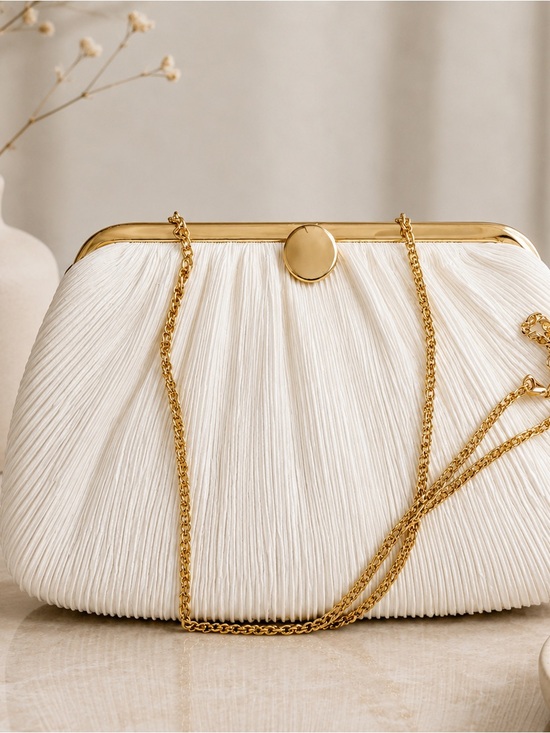 Handbags - Vintage Ivory Pleated Evening Clutch with Gold Frame, 1990s